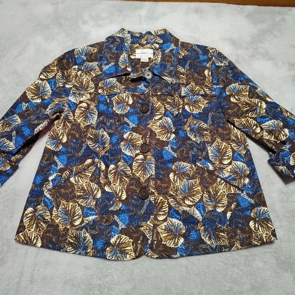 Christopher & Banks‎ Shacket Ladies M  Brown/Blue Floral 3/4 Sleeve Classic
